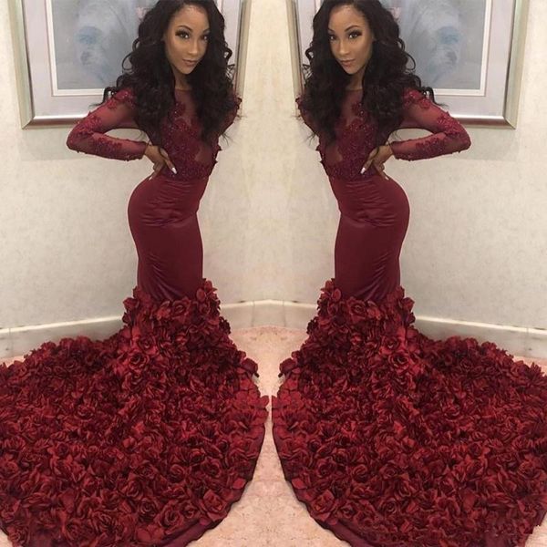 

rose flowers burgundy prom dresses 2019 long sleeves mermaid lace appliques beads see through african formal evening party gowns, Black;red