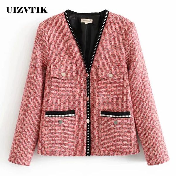 

autumn winter coat women 2019 casual long sleeve v neck classsic plaid coat female vintage elegant slim office tweed jacket red, Black