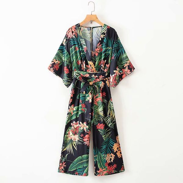 

fashion women xd58 leaves printing jumpsuits - 1865 european and american fashion, Black;white