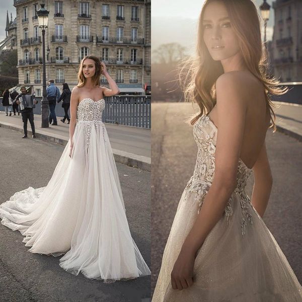 

2019 берта свадебные платья милая линия бисером сплит богемное свадебное платье на заказ плюс размер пляж кружева свадебные платья, White