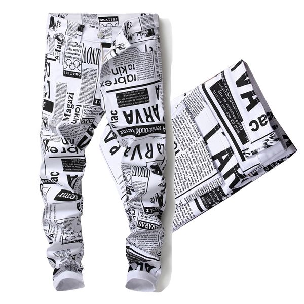 

cool hip hop jeans for men white 3d digital printing newpaper letters stretch jeans men's tight fit leg, Blue