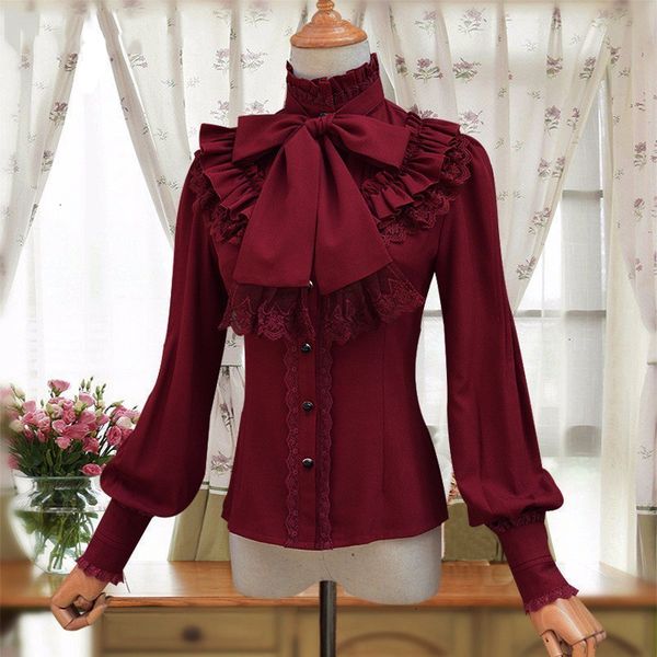 

woman chiffon blouses vintage lolita wine red blue white long sleeve chiffon shirt women elegant blusas female gothic blouse