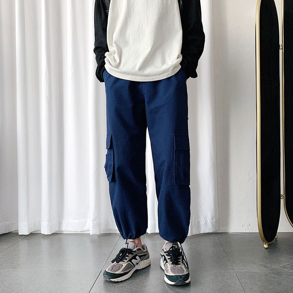 

2020 spring and autumn new youth popular solid color multi-pocket beam trousers fashion casual wild loose beam trousers s-xl, Black