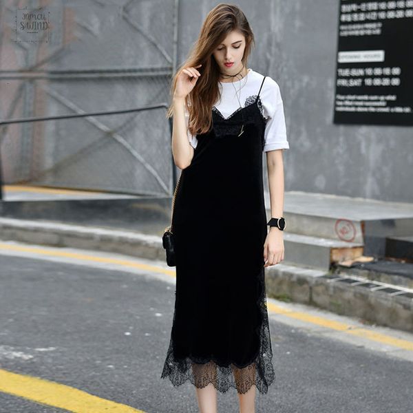 

women lace black spring trim velvet cami bodycon dress slip evening party robe side split velour dresses designer clothes, Black;gray