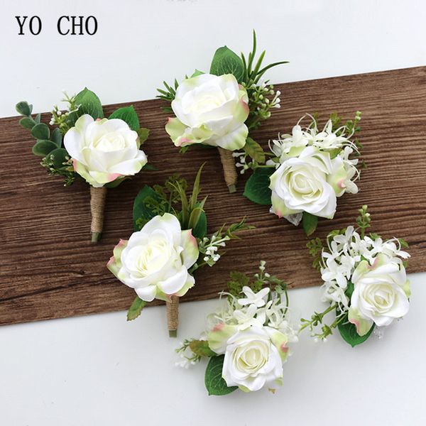 Acheter Fleurs Séchées Yo Interieur Cho Wedding Planner Roses Fleurs De Soie Artificielle Poignet Bracelet Corsage Groom Boutonnière Mariage Blanc