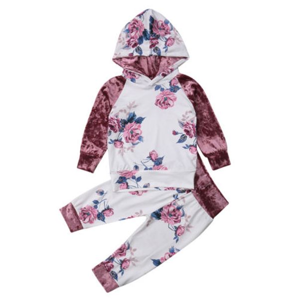 

1-6y kids baby girls hooded tracksuit outfit set hoodie sweatshirt+ pants, White