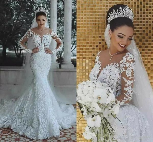 

modern new 2019 romantic gorgeous long sleeve mermaid wedding dresses beading lace princess bridal gown custom made appliques see through, White