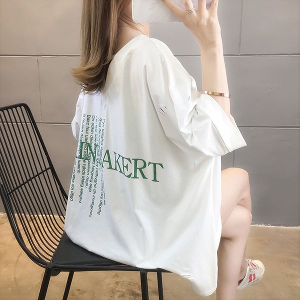 

women's 2020 t-shirt women's hollow v-collar white printed letters lazy wind loose short-sleeved t-shirt women