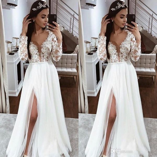 

2019 white tulle african lace long sleeve beach boho wedding dresses split front summer country bridal gowns dubai sale