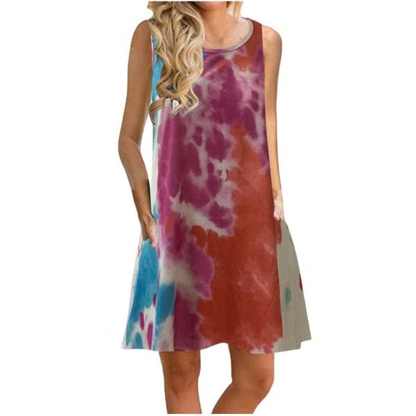 

casual loose mini dress for women fashion tie dye print sleeveless party dresses vintage plus size beach sundress tanks vestidos, Black;gray