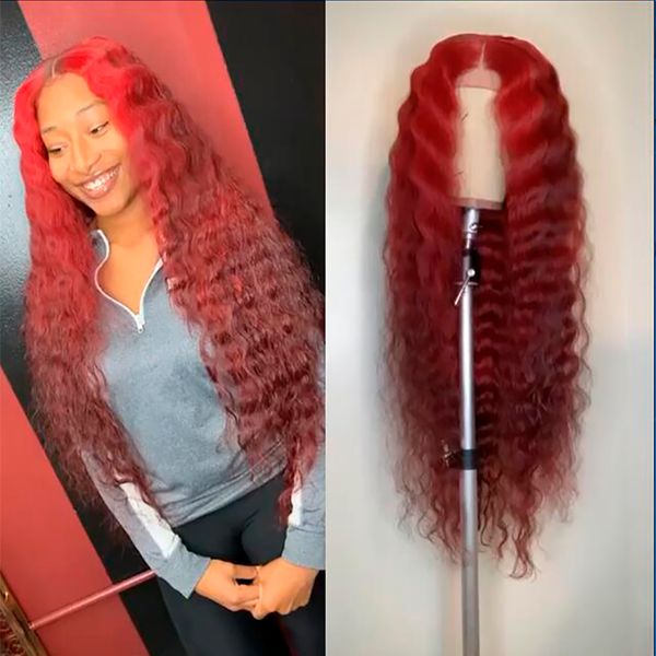 

136 dark red&wine red color lace front human hair wig remy brazilian disposable deep wave hair ombre lace wig for women, Black