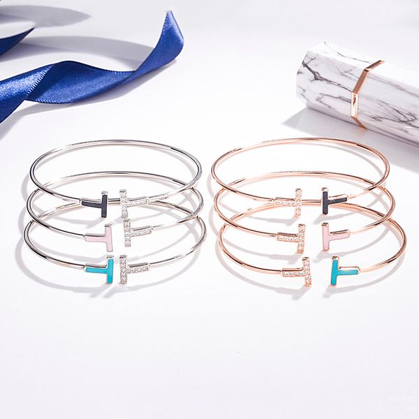 

popular s925 sterling silver double t letter open bracelet simple zircon dripping bracelet tiktok, Golden;silver