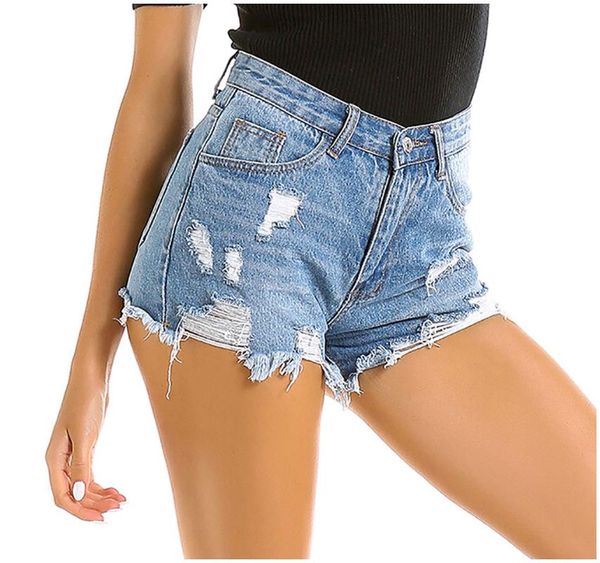 

fashion womens jeans mini pants high waist shorts denim hole beach bottom button shorts for women, Blue