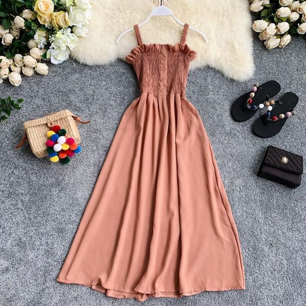 

chic korean solid women dress sleeveless 2020 summer a-line chiffon long dresses beach style button vestidos, Black;gray