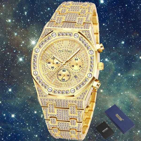 

iced out mens watches chronograph gold men watch quartz date steel clock male wristwatch reloj hombre, Slivery;brown