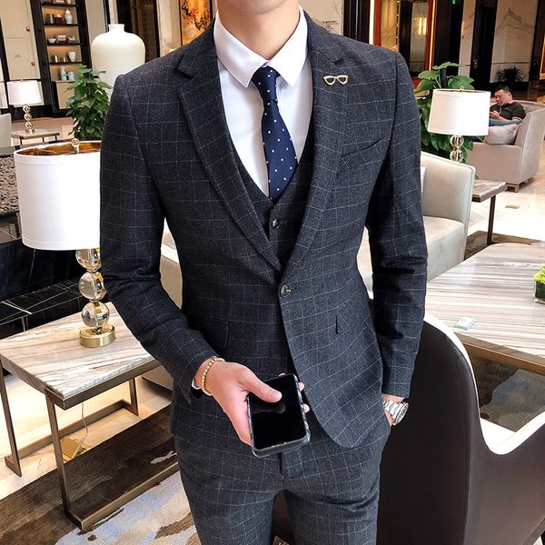 

male korean slim plaid british style suit 3-piece set blazers coat + trousers + waistcoat traje de boda hombre, White;black