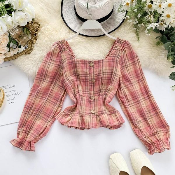

2019 women court style square collar casual short blouse shirt women retro puff sleeve elastic chic chemise blusas plaid, White