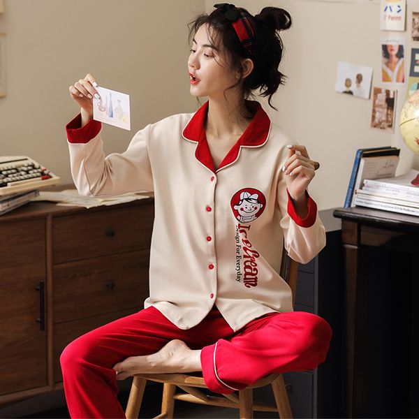 

autumn new women pajamas set 100%cotton pijamas feminino long sleeve cartoon casual female sleepwear girls nightwear homewear, Black;red
