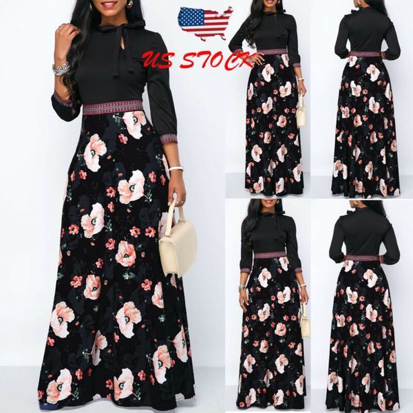 

women long maxi dresses bohemia hollow neck three quarter sleeve floral print ethnic autumn beach female stylish style dress, Black;gray