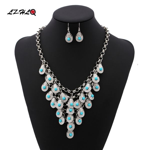 

vintage multilayer water drop tassel necklace 2019 fashion women resin bead necklace chain plated jewelry accessories, Silver