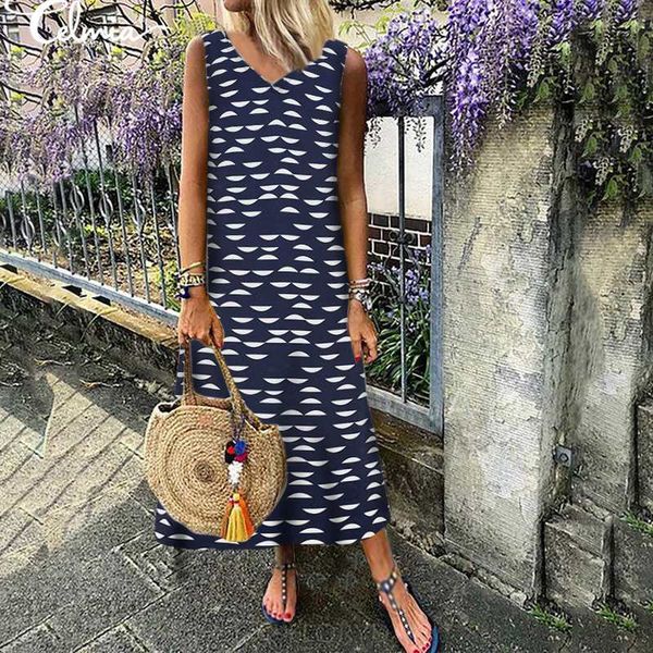 

2020 summer vintage print dress women celmia v neck sleeveless long shirt dress casual loose side split beach vestidos robe, Black;gray