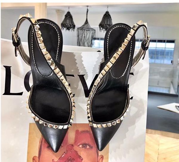 

elegant pointy mid heel white rivets genuine leather sling back shoes bridal wedding shoes designer pumps, Black