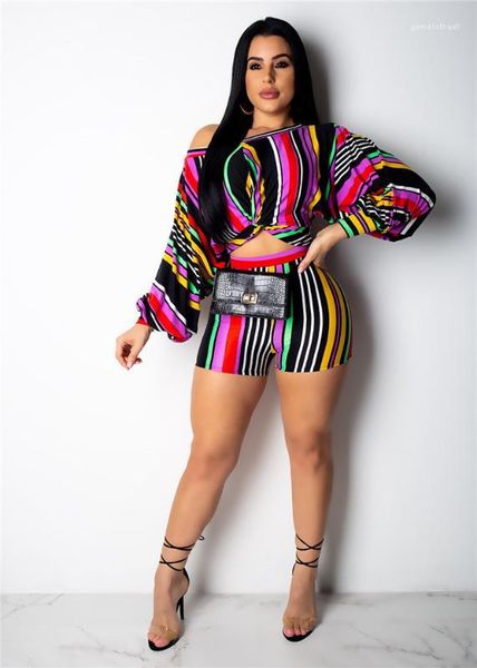 

pub suit dew waist 2pcs women two piece summer outfits girls striped slash neck puff sleeve, White