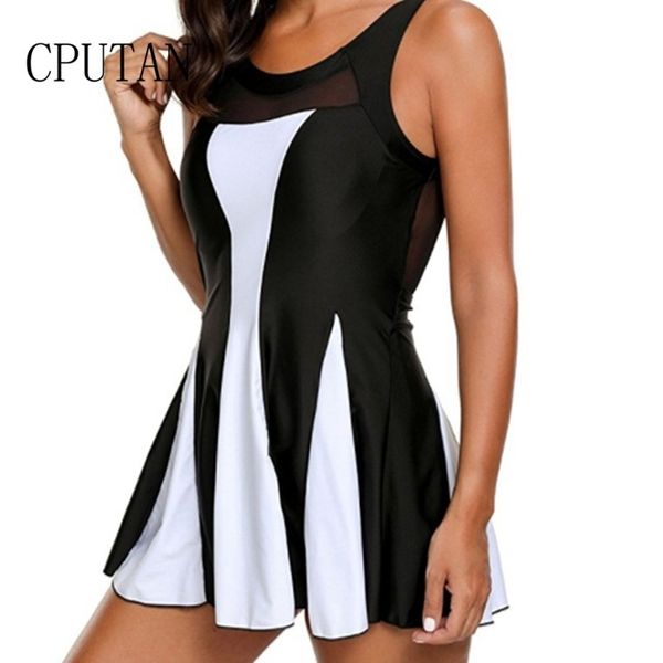 

2019 new women black one piece swimdress tummy control swimwear slimming skirt swimsuit beachwear bathing suit plus size shorts, White;black