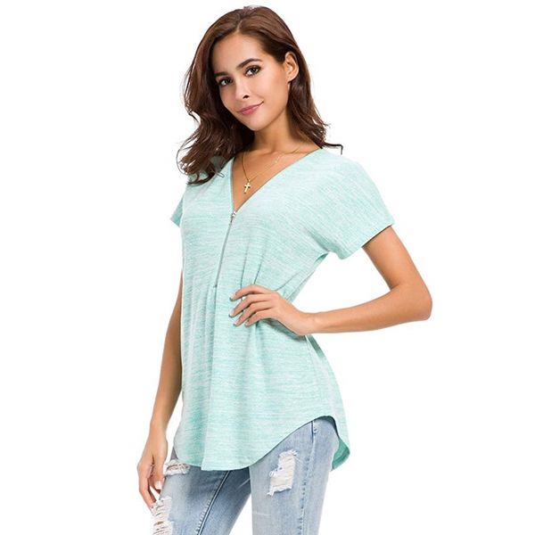 

2020 europe and america cross border selling solid color zipper joint casual loose-fit v-neck short-sleeve shirt for women, White
