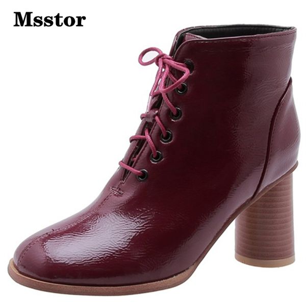 

lace up black boots women concise sewing round toe high heel boots winter fashion thick heels ankle womens casual