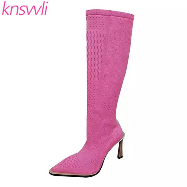 

knitted knee high boots women pointed toe party shoes strange high heels stretch boots candy color sock zapatos de mujer, Black