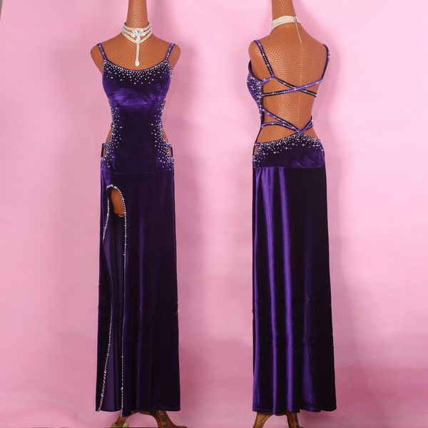 

purple shiny diamond latin dance dress women burgundy elegant hollow skirt ladies stage ballroom compete feminine costumes, Black;red
