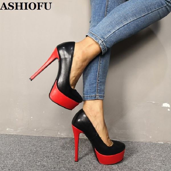 

ashiofu new women high heel pumps party prom slip-on dress shoes real ps platform evening fashion court shoes, Black