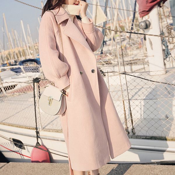 

pink autumn winter long coat turn-down collar adjustable belt wool coats women elegant plus size warm office work wear overcoat, Black