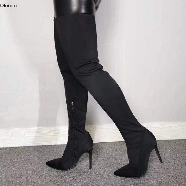 Rontic handgefertigte Damen-Oberschenkelhohe Stiefel, sexy Stiletto-Absatz-Stiefel, spitze Zehen, wunderschöne schwarze Party-Schuhe für Damen, Übergröße, US-Größe 5–15