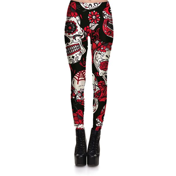 

Hot Sell Skull Leggings Women 'S Skull &Flower Black Leggings Digital Print Trousers 7 Color Skull Woman Stretch Pants Plus Size