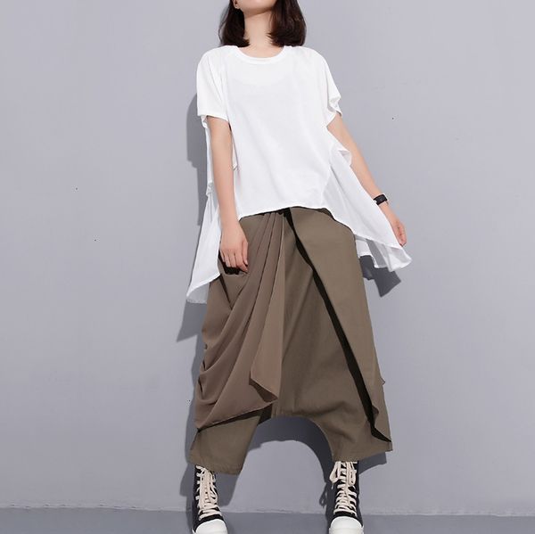 

casual pants new high spring 2019 elastic waist black fold bandage stitch loose long cross pants women trousers fashion jf897, Black;white