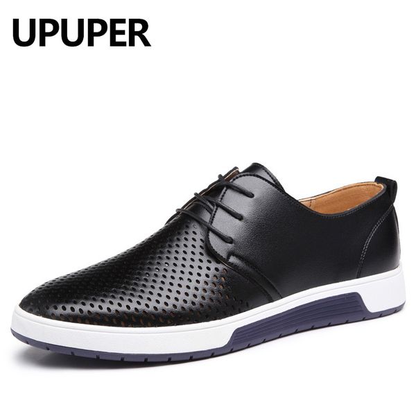 

summer hollow leather shoes men breathable holes flat shoes for men loafers casual plus size 37-48, Black