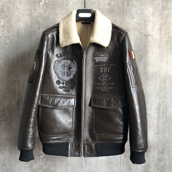 

2019 new fur one men's jacket leather leather embroidered badge sheep men's motorcycle fur jacket fashion lapel cashmere, Black