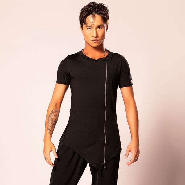 

men latin dance black short sleeve zip design shirts cha cha rumba samba tango clothes male dancer performance wear dnv12650, Black;red