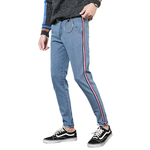 

new men clothes hip hop sweatpants skinny motorcycle denim pants zipper designer black jeans mens casual men jeans trousers, Blue