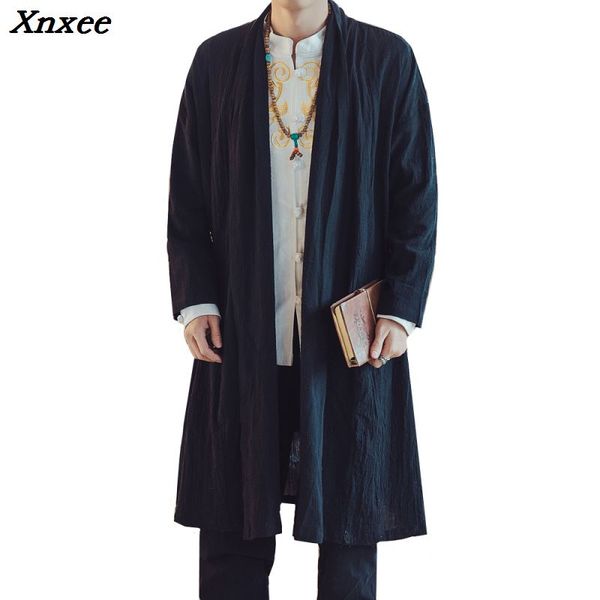 

2018 chinese style windbreaker loose coat spring autumn personality fashion casual simple trend solid color long cardigan jacket, Tan;black