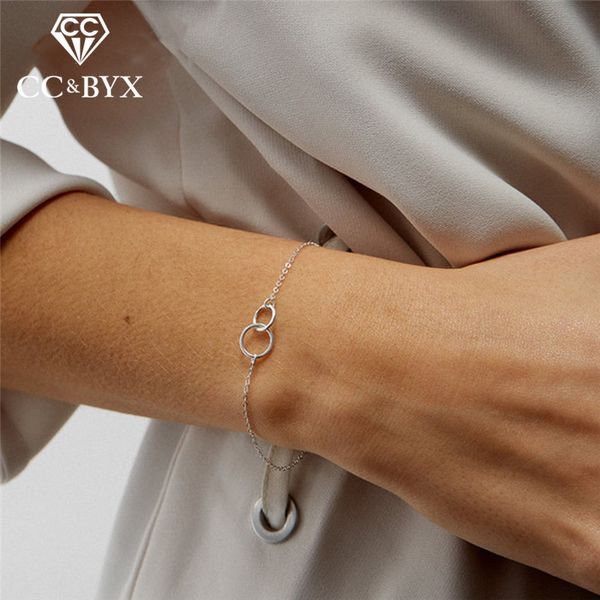 

cc pure 925 silver bracelets for women simple design round charm bracelet chain trendy jewelry bangles ccb055, Golden;silver