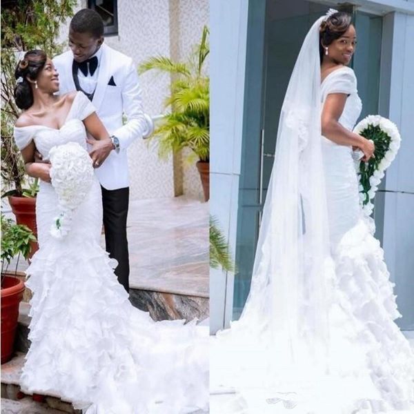 

african mermaid wedding dresses 2019 v-neck backless tiered organza cathedral train white plus size bridal gowns customized z35