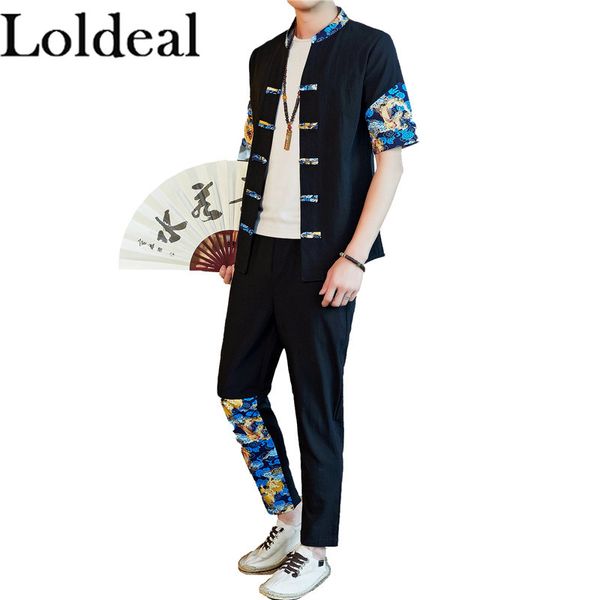

loldeal men's short sleeve shirt + pants two-piece chinese style slim stitching batik cotton and linen set, White;black