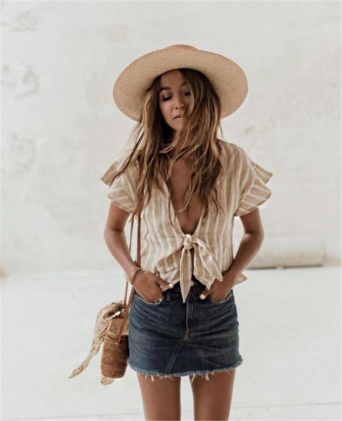 

t shirt women fashion ladies bandage knot female summer casual t shirt loose striped camiseta mujer, White