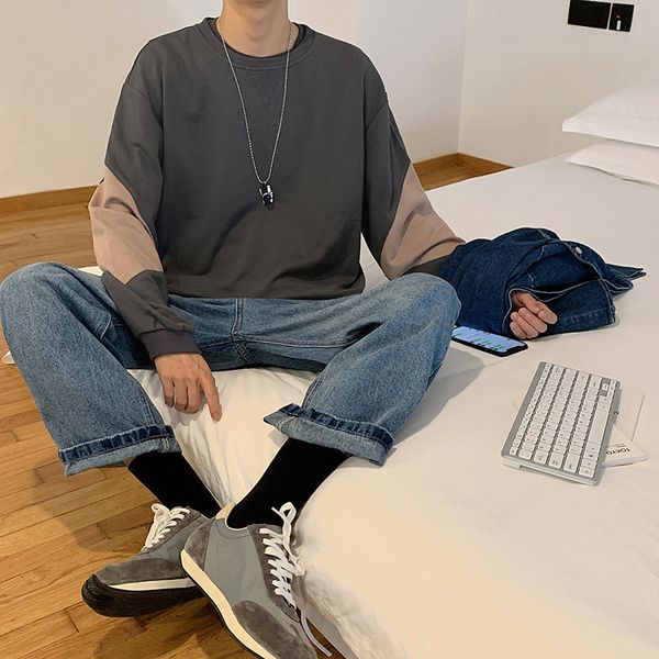 

2019 spring and autumn new students wild ins tide men's shirts hong wind head stitching round neck sweatshirt dark gray / khaki, Black