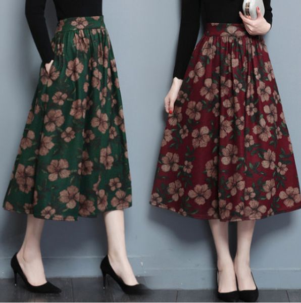

2020 new autumn winter wool print skirts korean women plus size high waist robe office wear bandage pleated vintage skirts fw109, Black