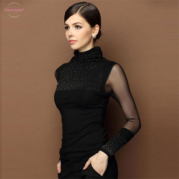 

womens clothing womens black turtleneck long sleeve blouse mesh slim basic diamond solid stud sweater, White