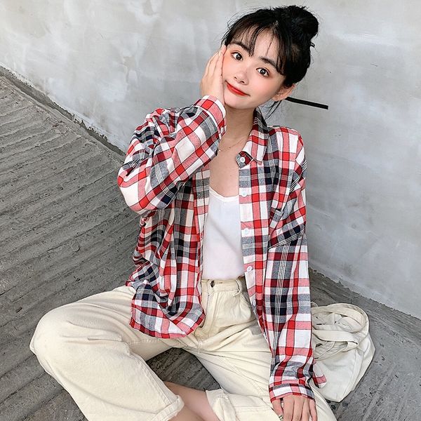 

autumn loose casual blouse fashion wild plaid small fresh shirts turn-down collar long-sleeved shirt blouses, White